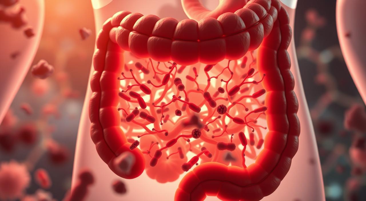A detailed cross-section view of a human gut, showcasing the intricate network of bacteria and microorganisms that make up the gut microbiome. The scene is illuminated by soft, warm lighting, creating a serene and informative atmosphere. The foreground depicts individual gut bacteria, their shapes and sizes varying, while the middle ground reveals the complex relationships and interactions between these microbes. The background features a stylized, anatomical representation of the intestinal tract, providing context and depth to the image. The overall composition emphasizes the importance and wonder of the gut microbiome, inviting the viewer to explore and understand this vital component of human health.