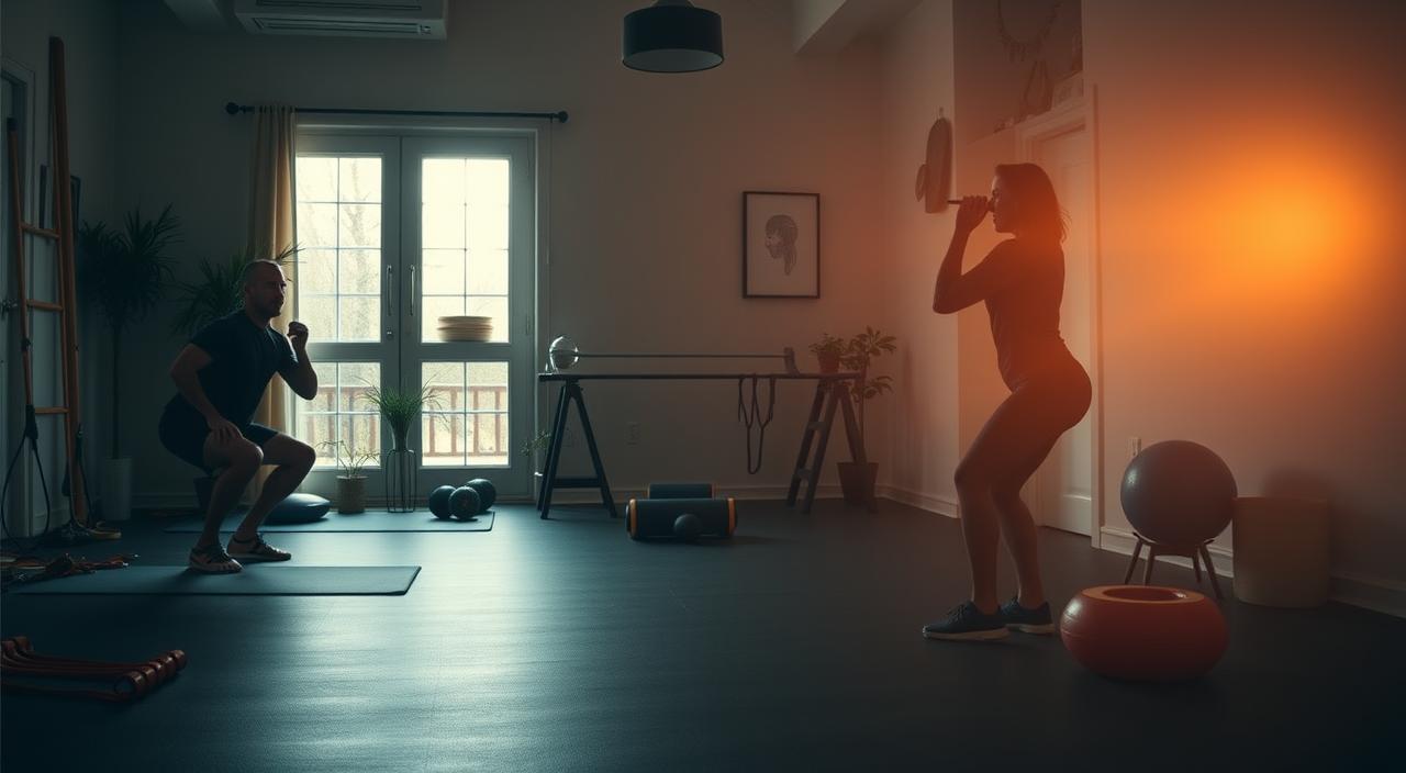 A dimly lit home gym, with warm, natural lighting filtering through large windows. In the foreground, a person performs a series of lower body mobility exercises - deep squats, hip circles, and leg swings - their movements fluid and controlled. The middle ground showcases various mobility props, such as resistance bands, foam rollers, and lacrosse balls, arranged neatly. In the background, a few potted plants and a minimalist wall art piece create a serene, zen-like atmosphere. The overall scene conveys a sense of focused intention, personal care, and a dedication to joint health and flexibility.