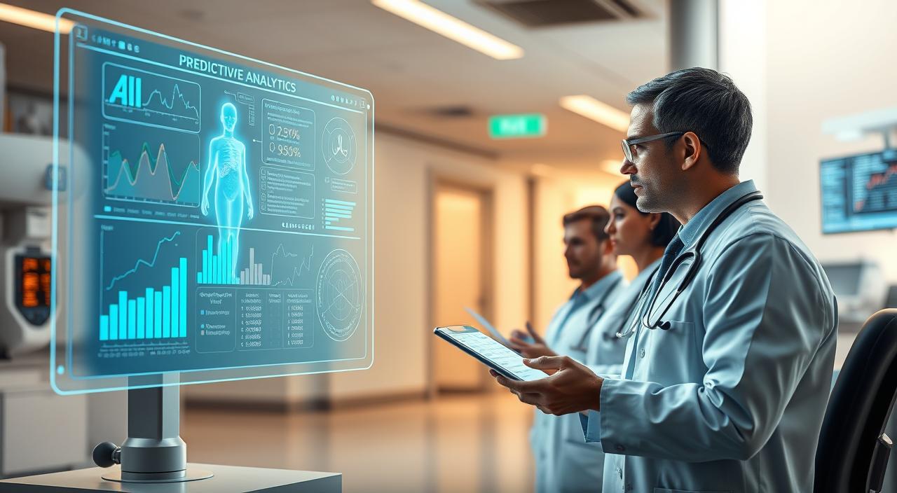 A detailed 3D medical illustration showcasing predictive analytics in healthcare. In the foreground, a holographic display projects graphs, charts, and AI-generated predictive insights about a patient's health status and risk factors. In the middle ground, medical professionals analyze the data, using advanced algorithms to identify early warning signs and personalized intervention strategies. The background depicts a modern, well-equipped hospital setting with sleek, cutting-edge technology. Soft, warm lighting creates a sense of reassurance and innovation. The overall mood is one of proactive, data-driven healthcare focused on prevention and personalized wellness.