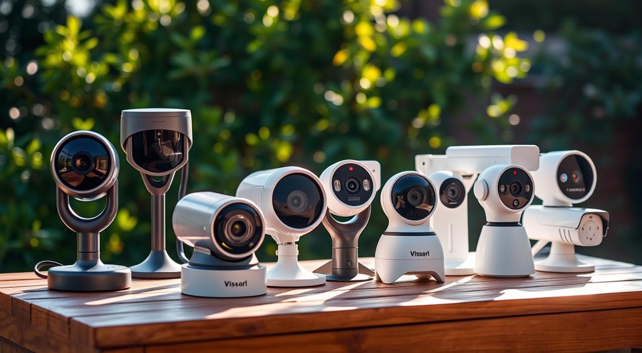 Outdoor cameras on a wooden table, showcasing various models with different lenses, sensors, and connectivity options. Warm natural lighting illuminates the scene, casting subtle shadows that highlight the cameras' details. In the background, a lush green outdoor setting with blurred foliage provides a serene, nature-inspired atmosphere. The cameras are arranged in an organized, visually appealing layout, inviting the viewer to closely examine and compare the features of each model. The overall composition conveys a sense of professionalism and technical expertise, suitable for an article on outdoor cameras with smart home integration.