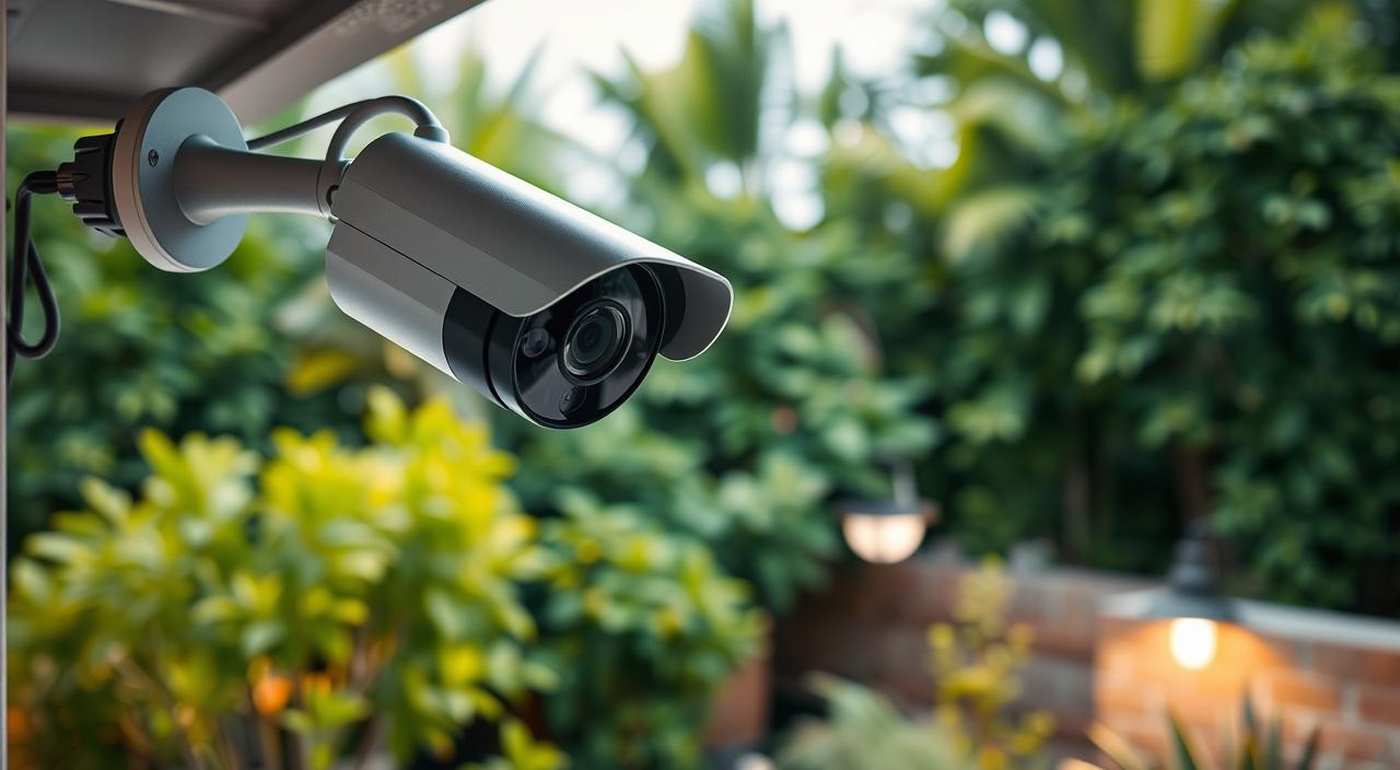A well-lit, secure outdoor camera setup, featuring a high-resolution CCTV camera mounted on a sturdy metal housing. The camera is equipped with a wide-angle lens, allowing for a comprehensive view of the surroundings. The housing is weatherproof and tamper-resistant, with a discreet yet modern design blending seamlessly into the outdoor environment. In the background, a lush, verdant garden sets the scene, creating a sense of tranquility and safety. Carefully placed lighting illuminates the area, ensuring clear visibility even in low-light conditions. The overall setup conveys a heightened sense of security and vigilance, ready to detect and deter any potential threats to the property.