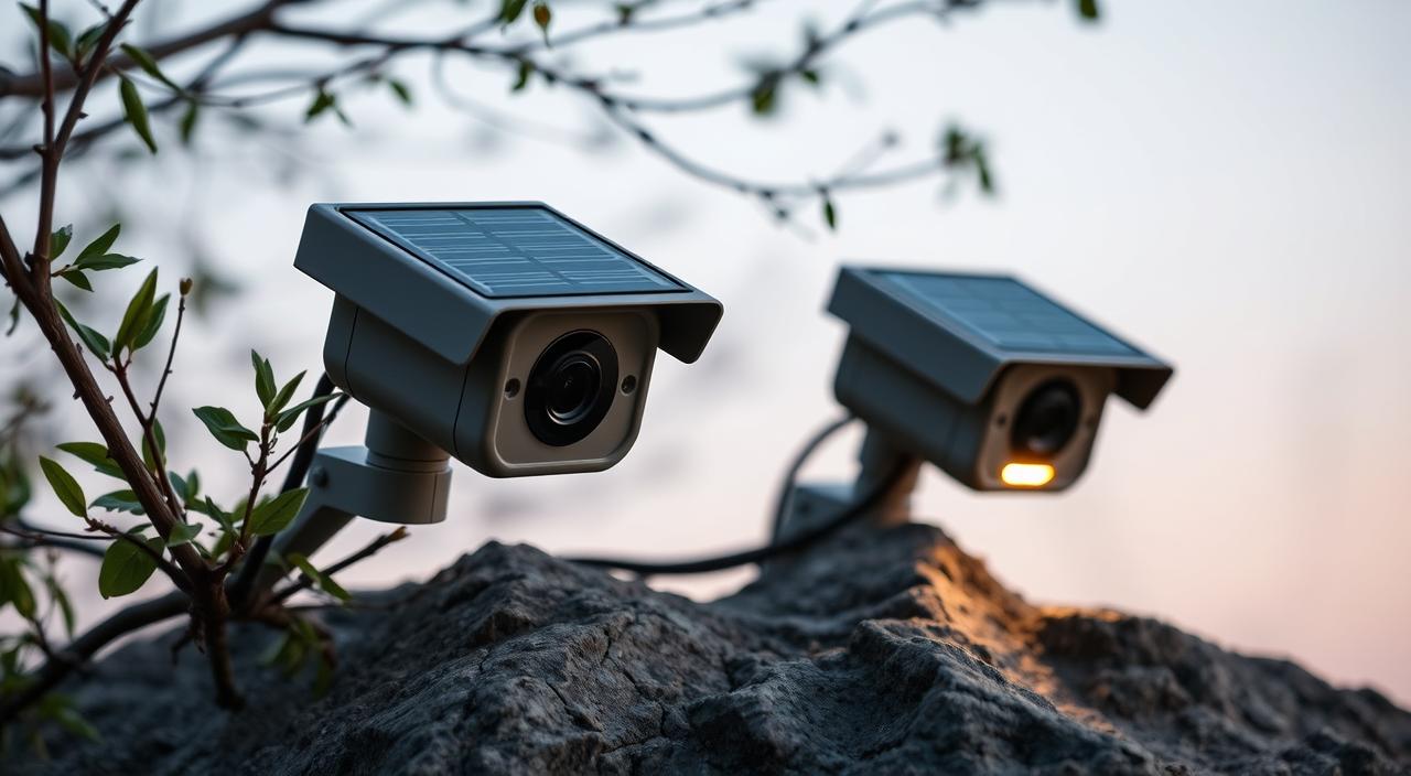 Compact, low-profile outdoor cameras with solar panels mounted on sleek, weatherproof housings. Lenses optimized for low-light conditions, capturing clear footage even in the evening. Minimalist design in muted earth tones, blending seamlessly into natural landscapes. Discrete placement on tree branches or rocky outcroppings, powered by rechargeable batteries that can sustain operation for days without sunlight. Ambient lighting casts a warm glow, illuminating the scene without disturbing the surroundings. The cameras are angled to provide a wide field of view, monitoring the area with energy-efficient motion sensors. An elegant, off-grid solution for remote surveillance and security.