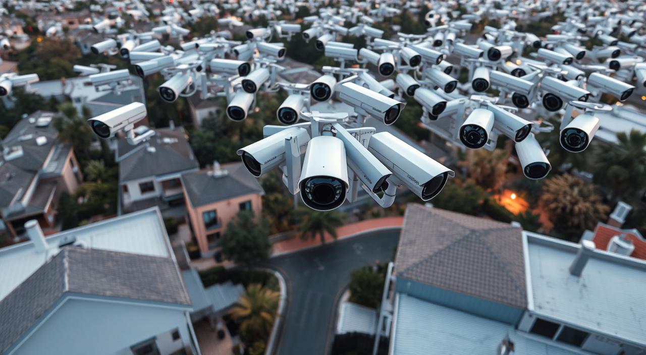 A sprawling network of security cameras, strategically positioned across multiple properties, capturing a comprehensive view of the surrounding areas. The cameras, equipped with high-definition lenses and advanced motion detection, are mounted on sturdy poles and building exteriors, their sleek, discreet profiles blending seamlessly with the urban landscape. Powerful infrared illumination ensures clear visibility even in low-light conditions, while the wide-angle perspectives provide overlapping coverage, creating a robust, interconnected surveillance system. The cameras are linked to a central monitoring station, where live feeds and recorded footage are meticulously analyzed, enabling the property owner to maintain a vigilant eye over their diverse assets, safeguarding against potential threats and ensuring the security and well-being of their tenants and visitors.