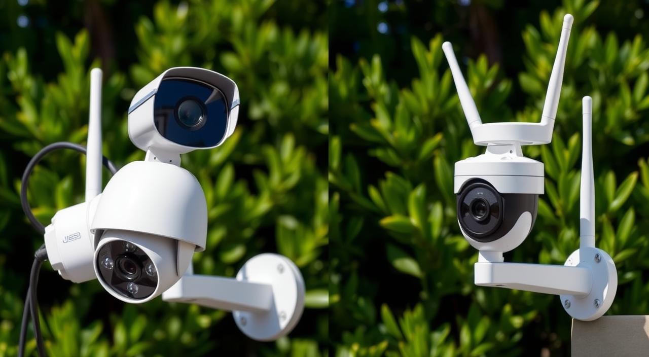 A side-by-side comparison of wired and wireless outdoor security cameras, illuminated by natural daylight. The wired camera on the left captures a crisp, high-definition video feed, while the wireless counterpart on the right showcases its seamless installation and portability. The scene is set against a backdrop of lush greenery, creating a serene and realistic environment. The lighting is carefully balanced, casting subtle shadows and highlights to accentuate the cameras' features. The composition emphasizes the key differences in video quality, connectivity, and installation between the two camera types, providing a comprehensive visual representation for the article's subject matter.