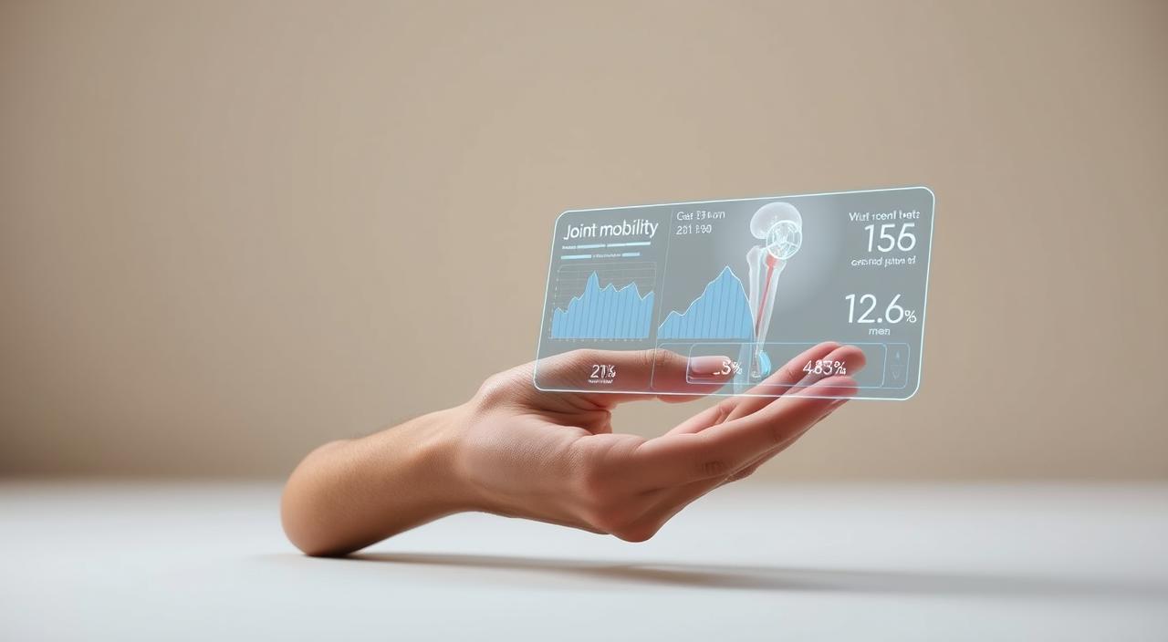 A sleek, modern fitness tracking device with a holographic display showcasing joint mobility data visualized through dynamic graphs and metrics. The device is set against a minimalist background of soft, diffused lighting, highlighting the clean lines and technological sophistication. The user's hand is positioned naturally, interacting with the intuitive interface, emphasizing the seamless integration of technology and the body's natural movements. The overall scene conveys a sense of empowerment, control, and the ability to quantify and optimize one's joint health through data-driven insights.