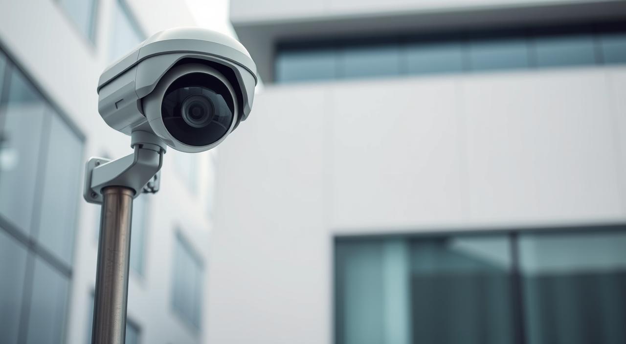 A high-tech security camera mounted on a sleek metal pole, its lens and sensor array meticulously angled to capture facial details with precision. The camera casts a soft, even illumination, creating a professional and authoritative atmosphere. In the background, a clean, minimalist urban setting with modern architecture, conveying a sense of order and control. The image exudes a subtle, unobtrusive surveillance vibe, suggesting the camera's ability to discreetly monitor and analyze facial features for identification purposes, all within the boundaries of legal compliance.