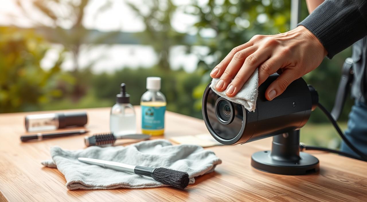 Outdoor camera maintenance guide: A crisp, well-lit image showcasing the step-by-step process of cleaning and protecting an outdoor security camera. In the foreground, a weathered, matte-black camera housing sits on a workbench, surrounded by cleaning supplies such as a microfiber cloth, lens brush, and specialized camera cleaning solution. The middle ground features a technician's hands carefully wiping down the camera lens, highlighting the delicate nature of the task. The background depicts a tranquil outdoor scene, with lush greenery and a calm, overcast sky, conveying the environmental challenges faced by outdoor security cameras. The lighting is soft and diffused, emphasizing the detailed textures and surfaces of the camera and equipment. The overall mood is one of thoughtful, meticulous care and attention to maintaining optimal camera performance in the face of weathering elements.