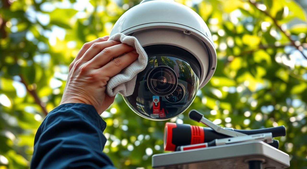A well-maintained outdoor security camera, its lens sparkling in the soft natural light. A technician, sleeves rolled up, carefully wiping the camera's housing with a microfiber cloth, ensuring optimal performance. The surrounding foliage frames the scene, hinting at the camera's location in a lush, verdant environment. The technician's tools, neatly arranged on a small portable workbench, suggest a methodical, professional approach to the task at hand. The overall mood is one of diligence and care, reflecting the importance of proper maintenance for reliable outdoor security surveillance.