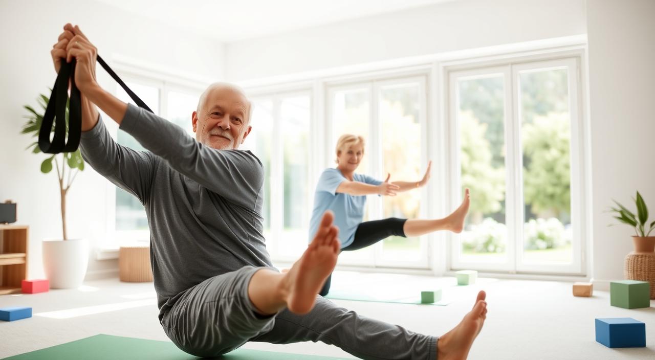 A senior couple in a bright, airy living room performing low-impact flexibility exercises. The foreground shows the man and woman stretching their legs, arms, and torso with gentle motions, their expressions focused and serene. The middle ground features exercise equipment like resistance bands and yoga blocks, while the background depicts large windows overlooking a peaceful garden. The lighting is soft and natural, creating a calming atmosphere that emphasizes the benefits of maintaining flexibility in the senior years.