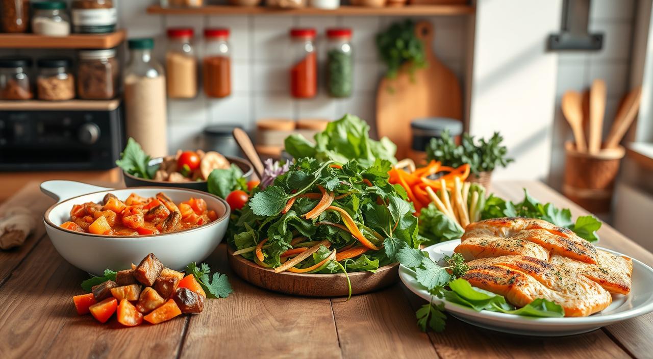 A vibrant, mouthwatering display of anti-inflammatory diet recipes, presented in a warm, inviting kitchen setting. Crisp, high-resolution images of various wholesome dishes – hearty vegetable stew, fresh leafy salads, grilled salmon fillets – arranged artfully on a wooden table, bathed in soft, natural lighting. In the background, jars of spices, herbs, and other anti-inflammatory ingredients line the shelves, complementing the culinary scene. The overall atmosphere conveys the nourishing power and deliciousness of an anti-inflammatory diet, inspiring the viewer to explore these healthful recipes.