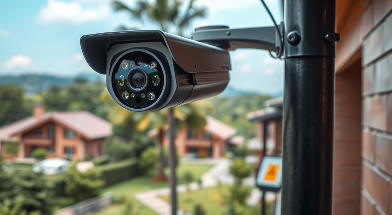 A rugged outdoor surveillance camera mounted on a sturdy metal pole, positioned to capture a wide, panoramic view of a multi-property setting. The camera features a high-resolution lens, advanced motion detection sensors, and weatherproof housing designed to withstand harsh environmental conditions. Bright LED lights illuminate the scene, providing clear visibility even in low-light conditions. The camera's sleek, modern design blends seamlessly with the surrounding architecture, discreetly monitoring the area with reliable, 24/7 vigilance. In the background, a lush, verdant landscape sets the stage, conveying a sense of security and tranquility for the multi-property owner.