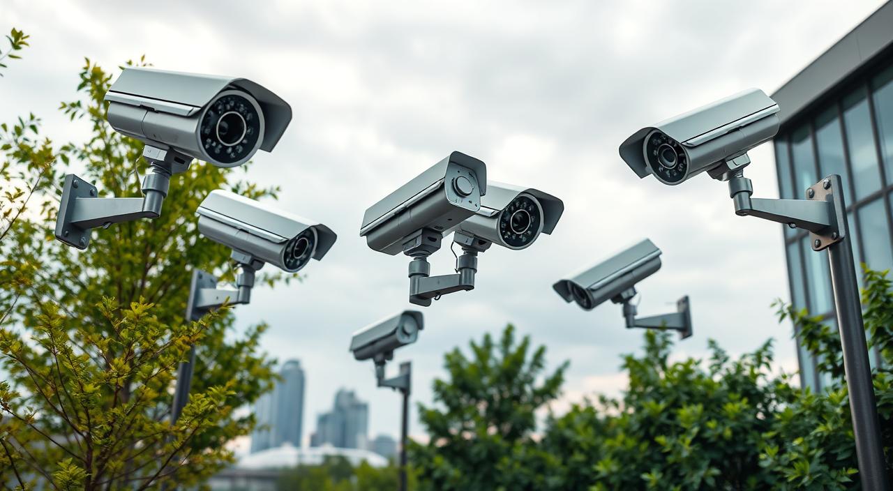 A high-resolution, photorealistic image of outdoor security cameras with advanced sound detection technology. The cameras are mounted on sturdy metal poles, positioned at strategic angles to capture a wide surveillance area. The cameras have sleek, modern designs with multiple microphones and sensors for capturing audio and visual data. The scene is set in a well-lit, urban environment with a cloudy sky, giving a sense of professionalism and functionality. The cameras are the focal point, surrounded by lush greenery and a subtle city skyline in the background, creating a balanced and visually appealing composition.