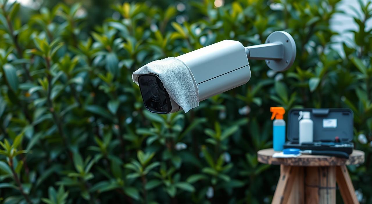 An outdoor security camera mounted on a wooden post, surrounded by lush greenery. The camera's lens is being carefully cleaned with a microfiber cloth, while the body is being gently wiped down. In the background, a tool kit and cleaning supplies are neatly arranged on a small workbench, suggesting a planned maintenance routine. Soft, diffused lighting illuminates the scene, creating a serene and organized atmosphere. The camera's sleek, modern design stands out against the natural backdrop, emphasizing the importance of proper care and maintenance for optimal performance.