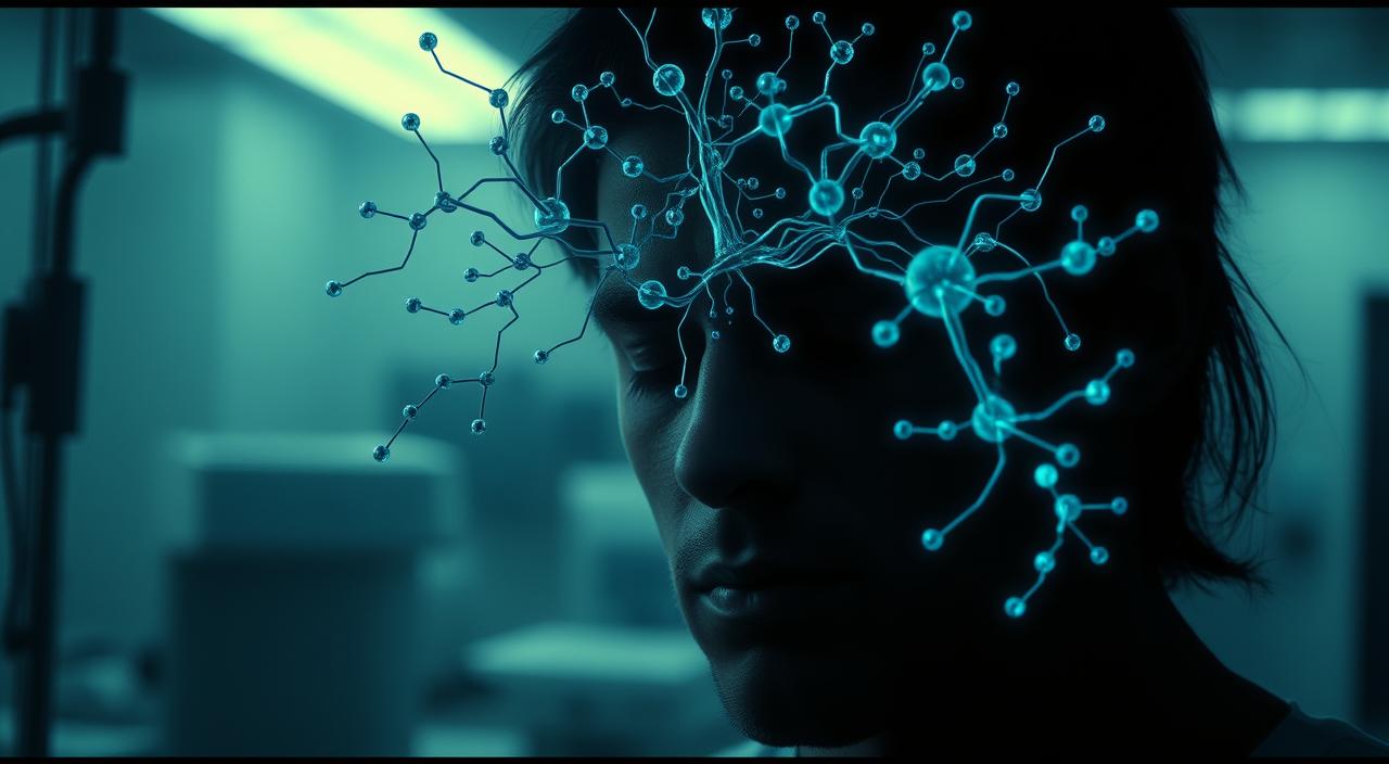 A dimly lit laboratory scene with a central figure representing the human endocrine system. In the foreground, a person's head is partially obscured, eyes heavy with fatigue. Cascading around them, intricate molecular structures and hormone pathways, glowing subtly in shades of blues and greens, visualizing the complex physiological disruptions caused by poor sleep. The background is hazy, with hints of medical equipment and a sense of clinical unease, emphasizing the detrimental impact of sleep deprivation on metabolic balance. Dramatic, high-contrast lighting casts dramatic shadows, heightening the sense of tension and unease. Cinematic, 35mm film-like aesthetic with a slight vignette.