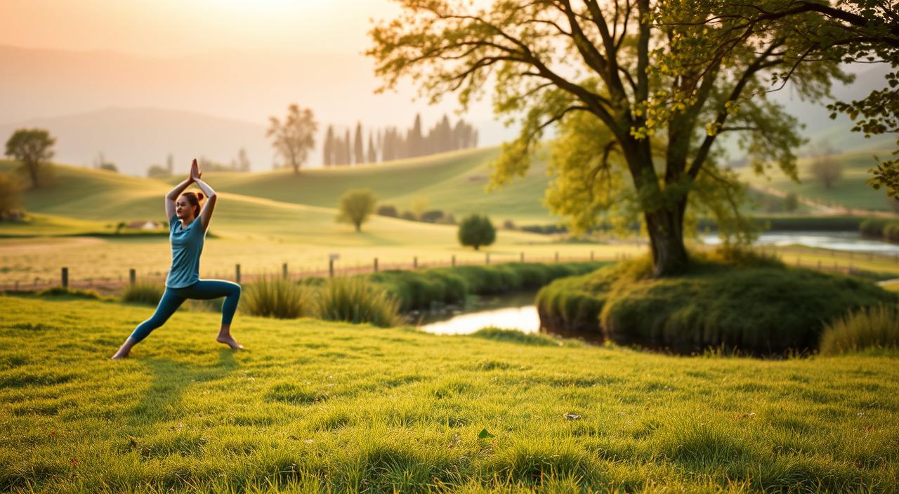 A well-rested person exercising energetically in a serene, natural setting. The foreground depicts a person performing dynamic yoga poses on a lush, green meadow, their face glowing with vitality. The middle ground shows the person transitioning smoothly between different exercises, their movements fluid and graceful. In the background, a calm, scenic landscape unfolds, with rolling hills, towering trees, and a tranquil stream reflecting the soft, diffused light of the golden hour. The overall atmosphere conveys a sense of rejuvenation, balance, and the harmonious interplay between physical activity and quality sleep.