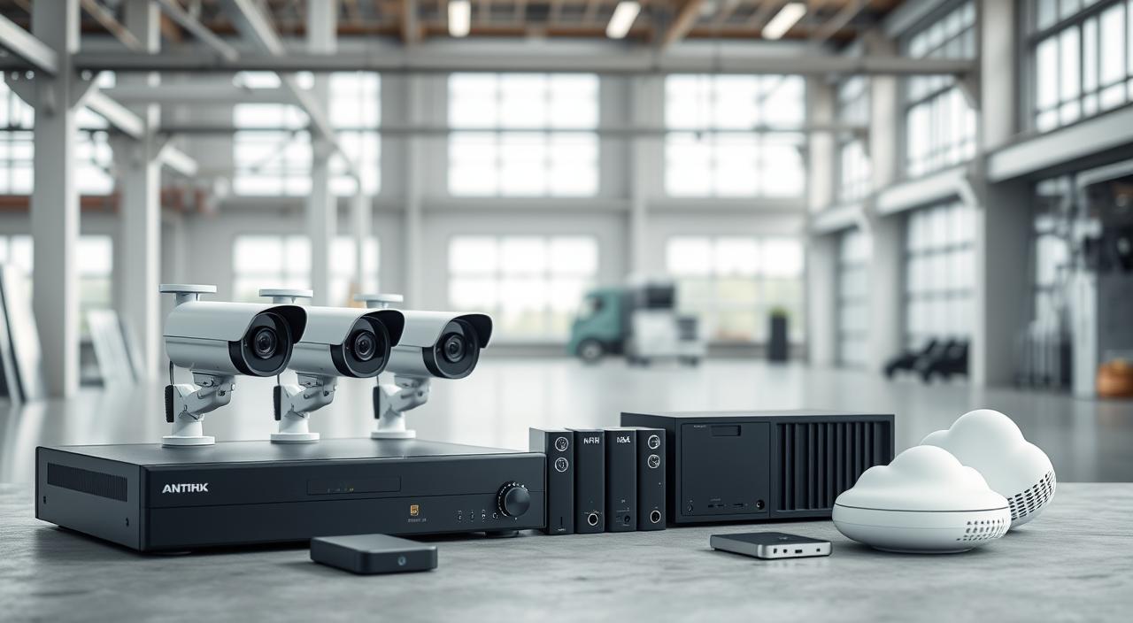 An outdoor 4K security camera system with various storage options displayed in a clean, well-lit industrial setting. In the foreground, several compact NVR (Network Video Recorder) units and external hard drives are neatly arranged, showcasing their compact, sleek designs. The middle ground features a range of storage solutions, from high-capacity network-attached storage (NAS) devices to cloud-based storage services, all connected to the camera system. The background depicts a modern, minimalist office or home environment, with large windows allowing natural light to flood the scene, creating a sense of openness and functionality. The overall atmosphere conveys the practical, reliable, and space-saving nature of the 4K surveillance storage options.