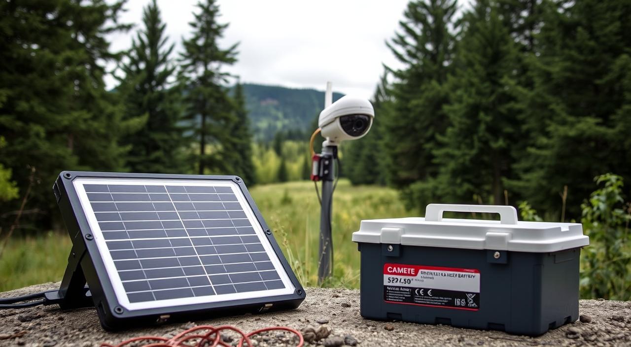 An off-grid outdoor camera power solution in a rugged, weatherproof enclosure. In the foreground, a compact solar panel charges a large backup battery. In the middle ground, the camera is mounted on a sturdy pole, its lens protected by a clear dome. The background shows a lush, natural landscape, with tall trees and a cloudy sky. The entire setup is designed to withstand harsh environmental conditions, ensuring reliable power and protection for the camera system.