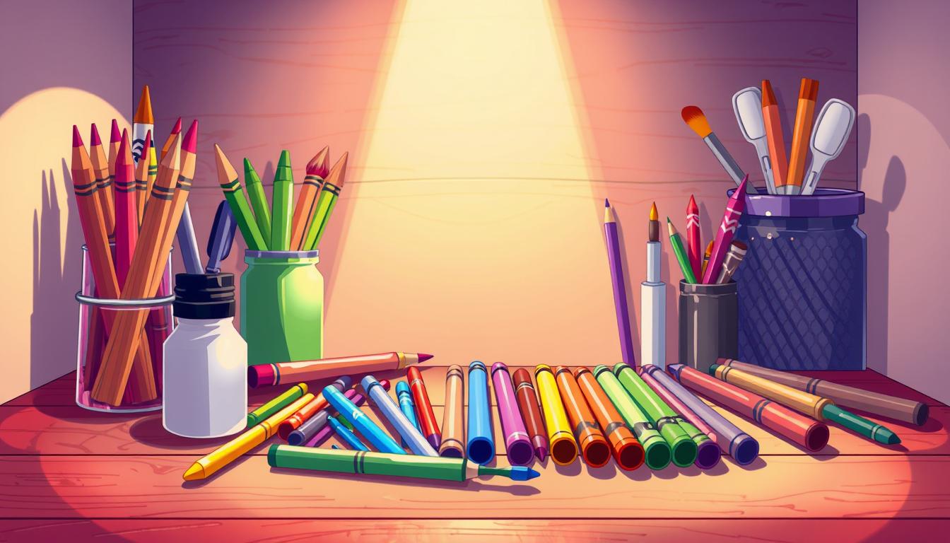 A vibrant and whimsical illustration of the coloring tools used in the simple and fun cat coloring game. The scene features an array of colorful crayons, markers, and paint brushes neatly arranged on a wooden table. The tools are illuminated by warm, diffused lighting, casting soft shadows and creating a cozy, inviting atmosphere. The composition emphasizes the playful and accessible nature of the game, with the coloring tools taking center stage against a minimalist background. The image conveys a sense of creativity, imagination, and the joy of artistic expression, perfectly capturing the essence of the &quot;Easy Cat Coloring&quot; game.