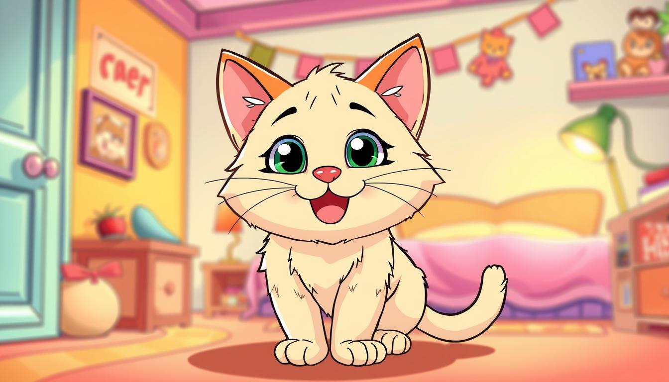 A vibrant, whimsical illustration of a playful, cartoon-style cat against a warm, inviting background. The cat should be the central focus, depicted in a friendly, approachable manner with large, expressive eyes and a soft, fluffy coat. The background should feature a simple, colorful setting, such as a cozy bedroom or playroom, with minimal distractions to allow the cat to stand out. Lighting should be soft and diffused, creating a cozy, welcoming atmosphere. The overall mood should be joyful, engaging, and suitable for a children's coloring game.