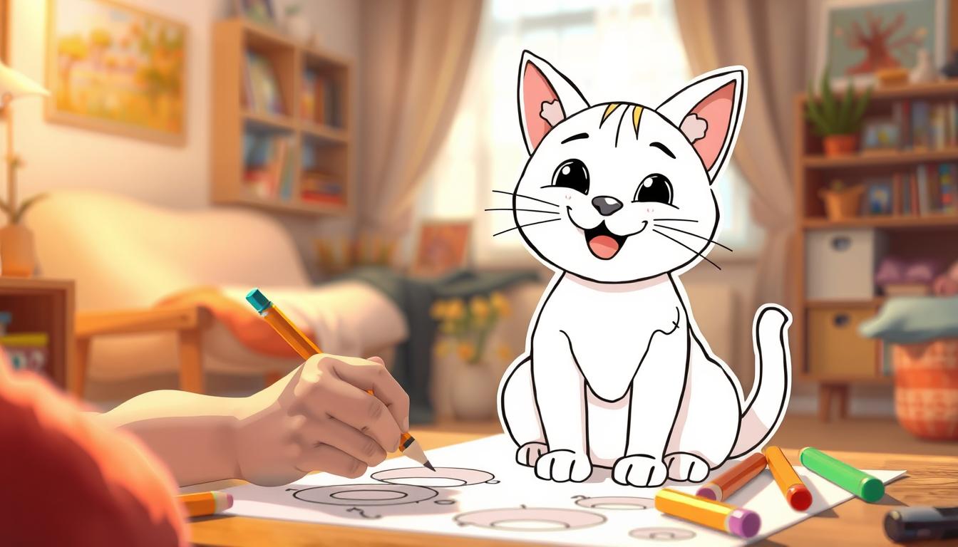 Detailed illustration of educational benefits of cat coloring game for children. Vibrant, whimsical scene depicting a young child happily coloring a friendly, playful cat. Soft, warm lighting casts a joyful, calming atmosphere. Foreground shows the child's hands and colored pencils, mid-ground features the outlined cat design with partially colored sections, background hints at a cozy, home interior setting. Emphasis on the developmental skills gained through this interactive, creative activity - hand-eye coordination, fine motor skills, color recognition, imagination, and self-expression.
