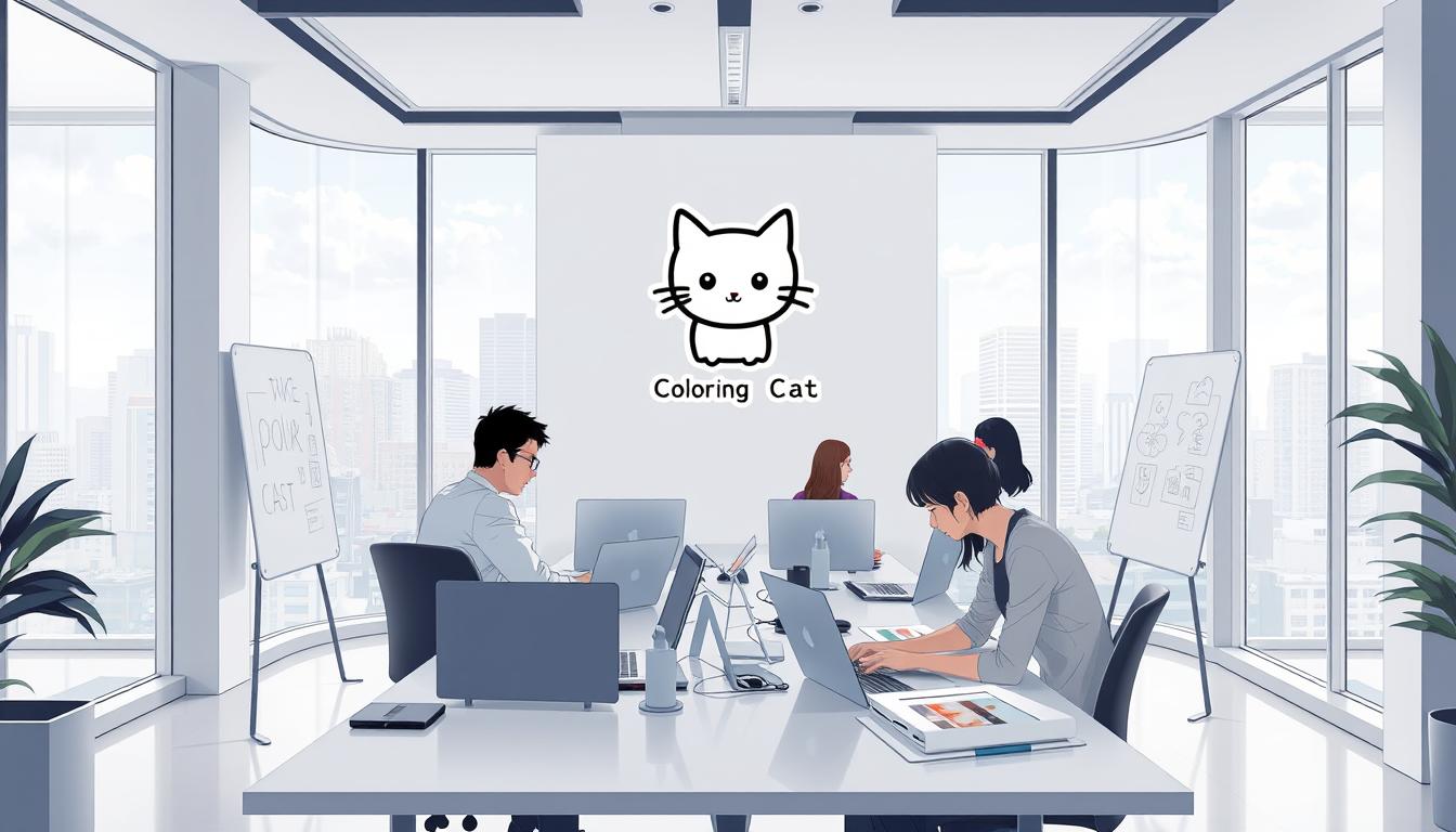 A modern, minimalist office interior with large windows overlooking a cityscape. In the center, a team of software developers working intently on their laptops, surrounded by whiteboards and design mockups. The company's logo, a simple stylized cat, is prominently displayed on the wall. The atmosphere is one of focused creativity and collaborative innovation as the developers bring the &quot;Easy Coloring Cat&quot; game to life. Soft, diffused lighting and a neutral color palette create a calm, professional vibe. The image should convey the story of a dedicated team of designers and engineers working passionately to create an engaging, accessible mobile game.