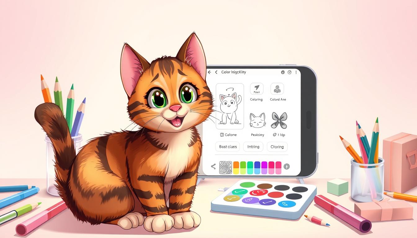 A whimsical and vibrant digital illustration showcasing the unique features of the &quot;Easy Coloring Kitty&quot; app. In the foreground, a playful tabby cat with big, expressive eyes and a charming smile takes center stage, its fur rendered in lush, detailed brushstrokes. The cat is surrounded by a variety of art supplies, including colorful pencils, markers, and a digital palette, hinting at the app's engaging coloring experience. The middle ground features a clean, minimalist interface with intuitive tools and customization options, while the background is filled with a soft, gradient-based pattern in soothing pastel tones, creating a sense of depth and tranquility. The overall scene conveys the app's user-friendly nature, creative potential, and the joy of digital coloring for children.