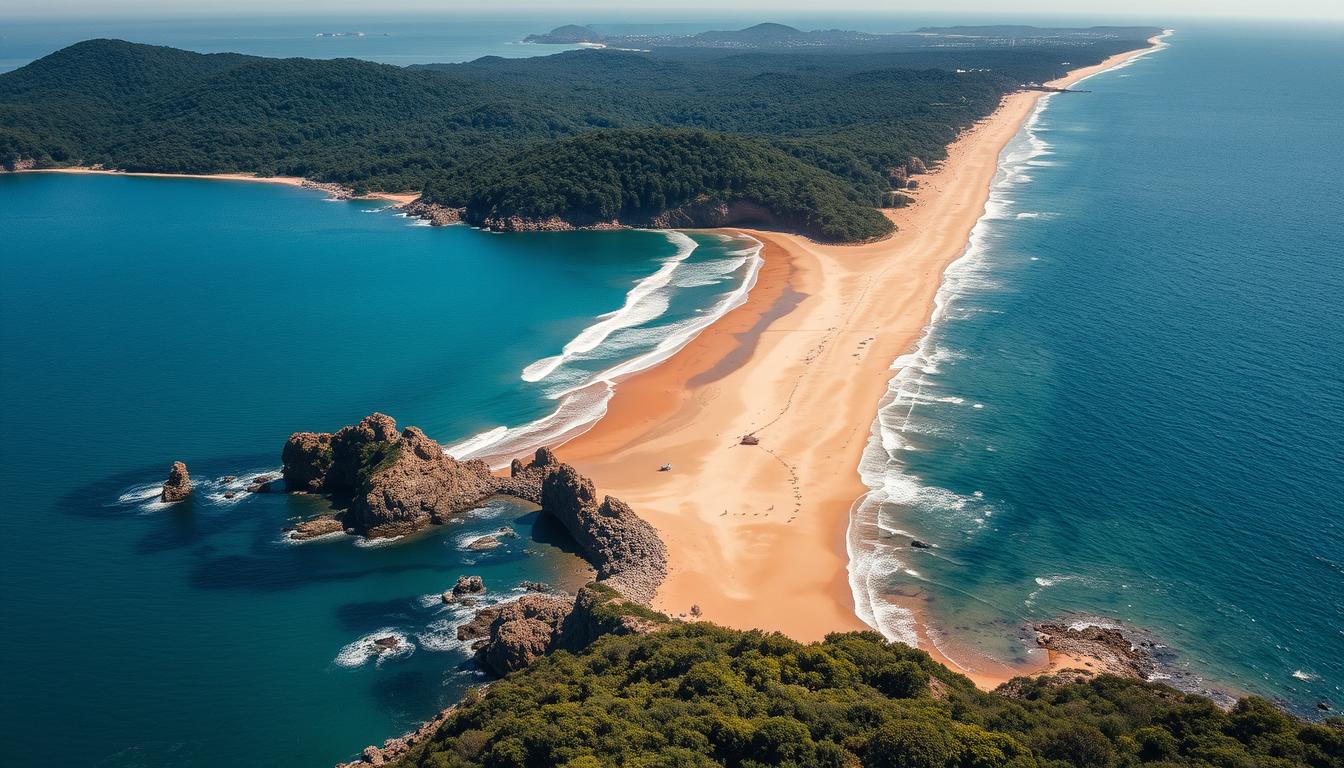 Vista aérea da Praia Grande perto do Beto Carrero mostrando suas formações rochosas, vegetação e extensa faixa de areia