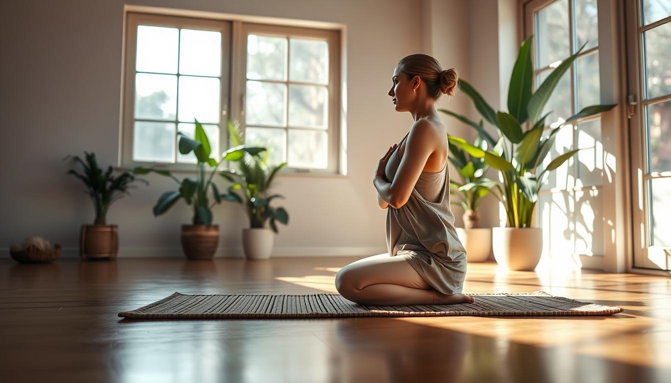 A serene yoga studio setting, featuring a calm individual practicing Hatha yoga in a gentle pose, such as a seated forward bend. The person, dressed in modest, comfortable yoga attire, embodies relaxation and balance. Sunlight streams through large windows, casting soft shadows and creating a warm, inviting atmosphere. In the foreground, a bamboo yoga mat lies on a polished wooden floor, while plants in the background enhance the tranquility with their lush greenery. A subtle sense of peace permeates the scene, with soft neutral colors dominating the palette. The image should be captured from a slightly elevated angle, focusing on the harmony between the individual and the surroundings, emphasizing the journey towards relaxation and balance.