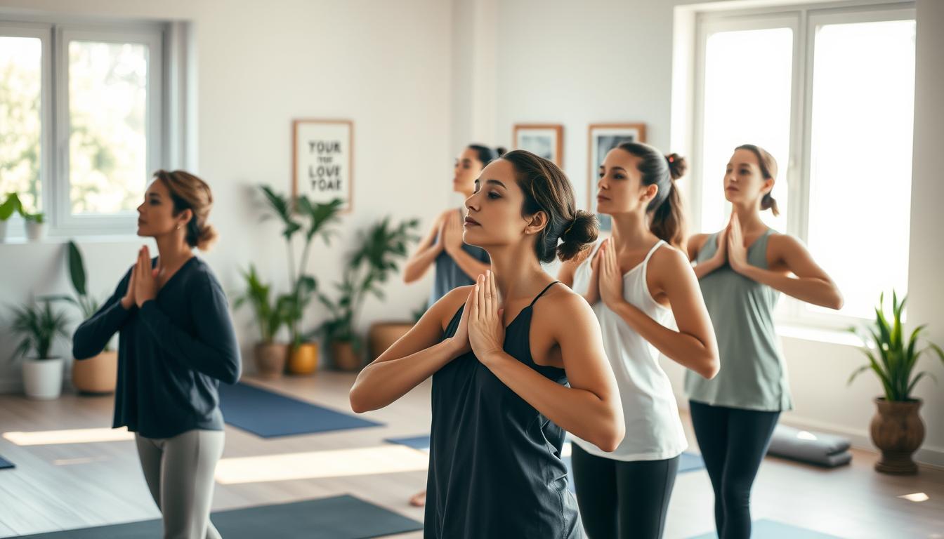 A serene yoga studio bathed in soft, natural light filtering through large windows, creating a tranquil atmosphere. In the foreground, a diverse group of three individuals practicing yoga poses, each focusing on their breath, appearing calm and centered. They are dressed in modest, comfortable athletic clothing. In the middle, a yoga instructor demonstrates a specific breathing technique, illustrating the connection between breath and movement. The background showcases a peaceful environment with plants, yoga mats, and motivational artwork on the walls, enhancing the sense of mindfulness. The overall mood is one of serenity and focus, emphasizing the importance of proper breathing in yoga practice. The composition should be well-balanced, with a slightly elevated camera angle to capture the group and their surroundings effectively.