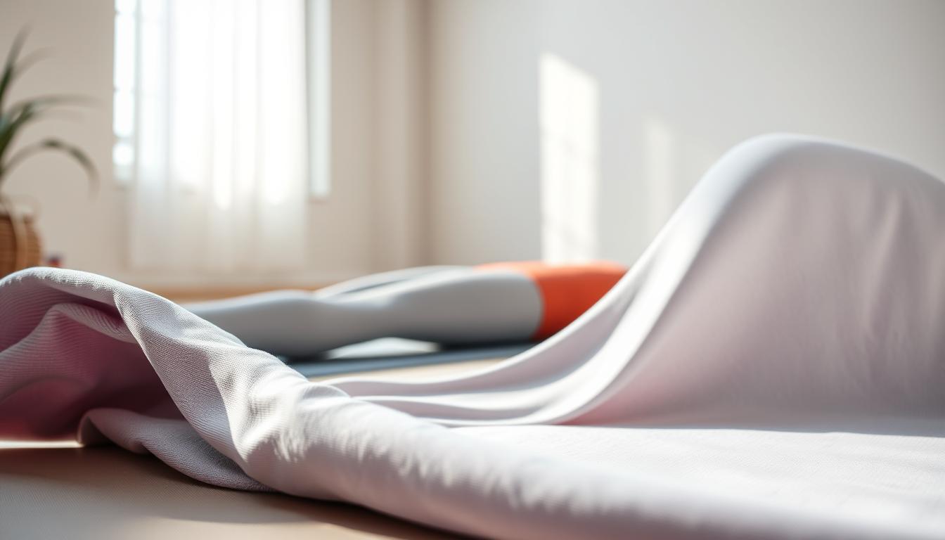 A close-up image showcasing the disadvantages of polyester fabric used in yoga clothing. In the foreground, focus on a piece of polyester fabric stretched out, displaying its glossy and synthetic texture, with visible wrinkles and pilling. In the middle ground, have a pair of yoga pants draped over a yoga mat, highlighting the lack of breathability and moisture-wicking properties. The background should feature a softly lit yoga studio with muted colors to create a calm atmosphere, emphasizing the contrast between the vibrant fabric and the serene setting. The lighting should be natural and diffused, mimicking soft morning light to convey a peaceful yet critical mood.