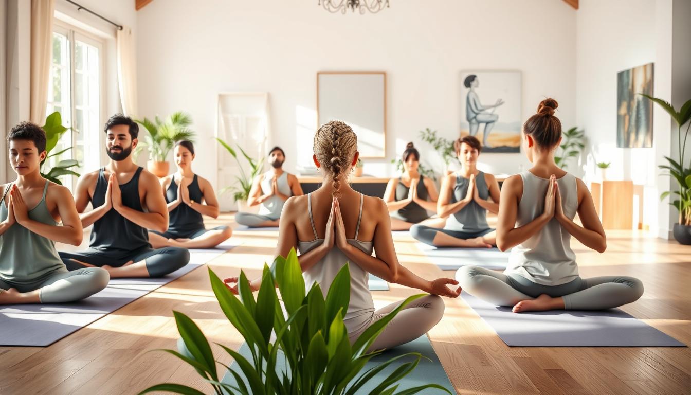 A serene and tranquil scene featuring a diverse group of individuals practicing Baddha Konasana (Butterfly Pose) in a sunlit yoga studio. In the foreground, several practitioners, both male and female, wearing modest yoga attire, sit on mats with their feet together and knees gently falling to the sides, embodying a sense of calm and mindfulness. In the middle ground, vibrant plants and soft mats create an inviting, harmonious atmosphere, while natural light floods through large windows, casting gentle shadows. The background showcases peaceful artwork and soothing colors, enhancing the emotional benefits of the pose. The overall mood is one of relaxation, emotional balance, and psychological well-being, highlighting the mental health benefits associated with yoga practice.