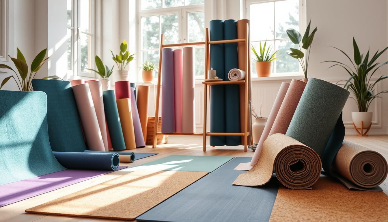 A vibrant, inviting display of various yoga mats available in the American market, arranged neatly in a bright, airy room. In the foreground, showcase a diverse range of mats featuring different textures and colors, such as a deep teal, soft lavender, and a natural cork surface. The middle ground includes a stylish wooden rack, holding additional mats and rolled towels, with sunlight streaming in through large windows, creating a warm, welcoming atmosphere. The background features serene, minimalist decor with potted plants and soft, neutral-toned walls. Capture the scene with natural lighting and a soft focus lens to evoke a calm, peaceful mood suitable for yoga practice.