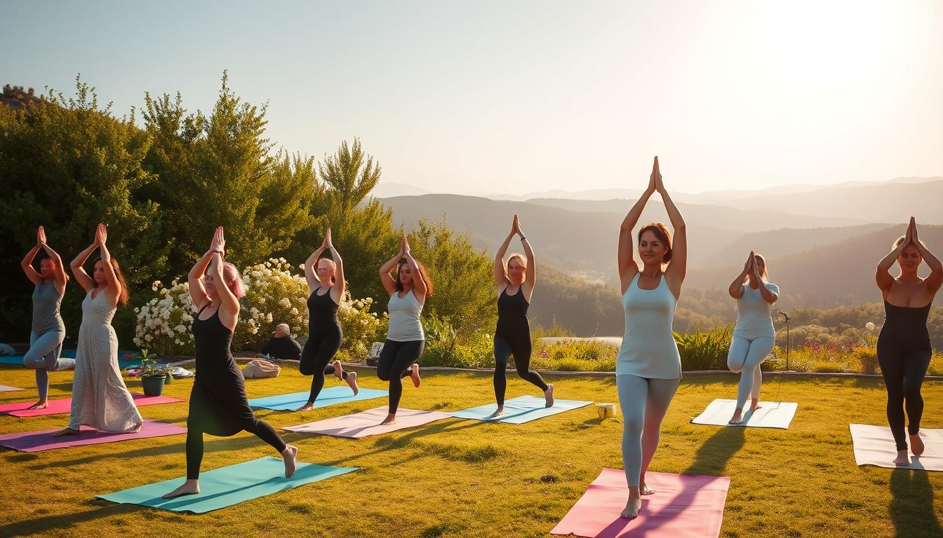 A serene morning yoga scene capturing the transformative effects of morning yoga on hormones and biochemical balance. In the foreground, a diverse group of individuals in modest, professional activewear are performing various yoga poses, such as downward dog and tree pose, on colorful yoga mats. The middle ground features lush greenery and soft flowers, enhancing the natural, calming atmosphere. The background depicts a sunlit landscape with gentle rolling hills and a clear blue sky, signifying tranquility and harmony. The lighting is warm and golden, creating a soft glow that imbues the scene with a peaceful mood. The angle is a slightly elevated perspective, providing a comprehensive view of the participants and their serene environment, emphasizing balance and well-being.