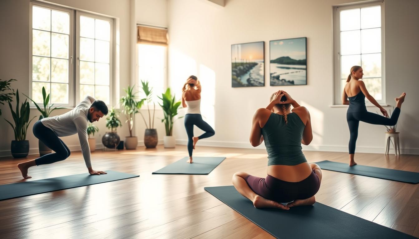 A peaceful yoga studio setting with soft, natural lighting filtering through large windows, creating an inviting atmosphere. In the foreground, a diverse group of three individuals practicing various yoga poses, dressed in comfortable, modest activewear. One is in a downward dog pose, another is performing a gentle spinal twist, and the third is seated in a meditative position. In the middle ground, yoga mats are spread out on a wooden floor, surrounded by potted plants that enhance the calming environment. The background features tranquil wall art depicting nature scenes, fostering a sense of serenity. The overall mood is one of relaxation and healing, emphasizing the connection between yoga and back pain relief.