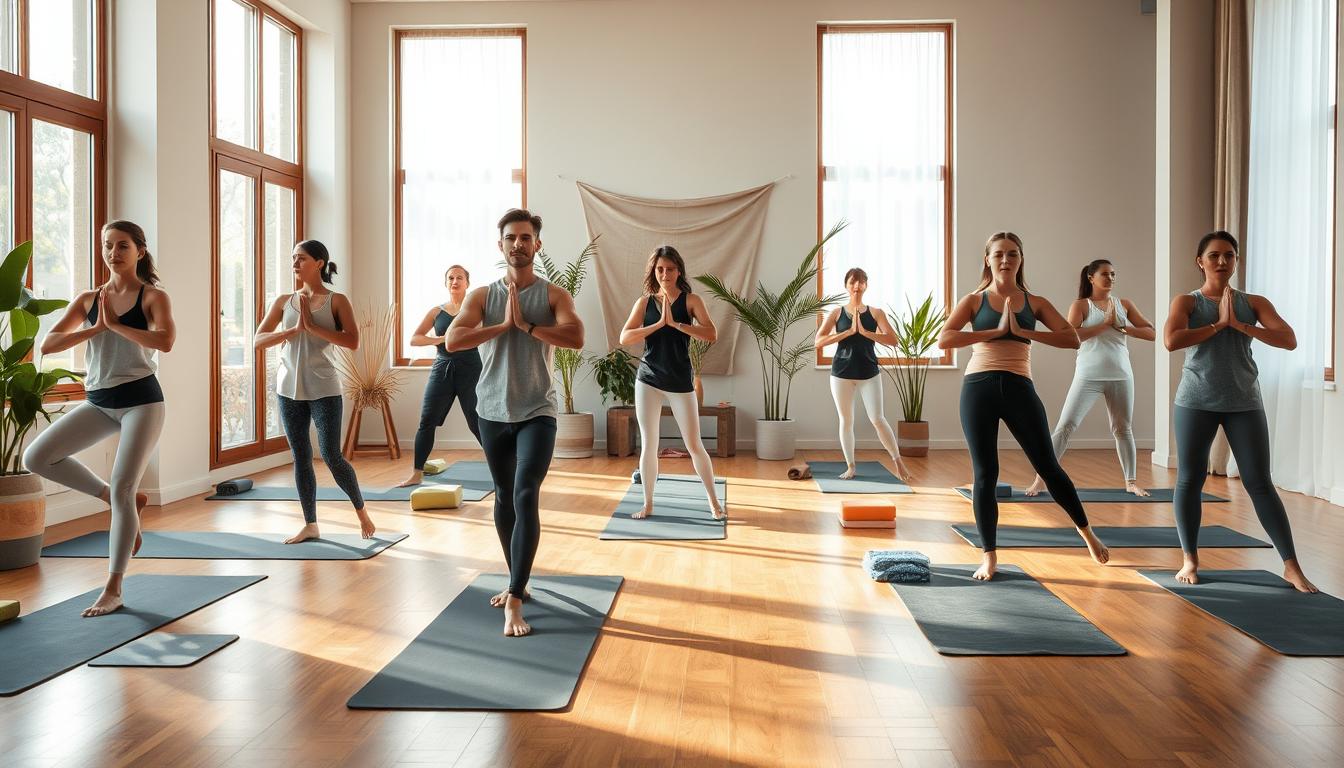 A serene yoga studio with soft natural light filtering through large windows, illuminating a calm, spacious environment. In the foreground, a diverse group of beginners, dressed in modest, comfortable yoga attire, practice Vinyasa poses, showcasing fluid movements and deep concentration. The middle section features yoga mats neatly arranged on a polished wooden floor, with various props like blocks and straps nearby. In the background, peaceful indoor plants, and soft fabric decorations create a tranquil atmosphere, promoting health benefits associated with Vinyasa yoga. The image captures a sense of harmony, focus, and wellness, reflecting the positive impact of Vinyasa practice on physical and mental well-being. Use a wide-angle lens and soft, warm lighting to enhance the inviting and peaceful ambiance.