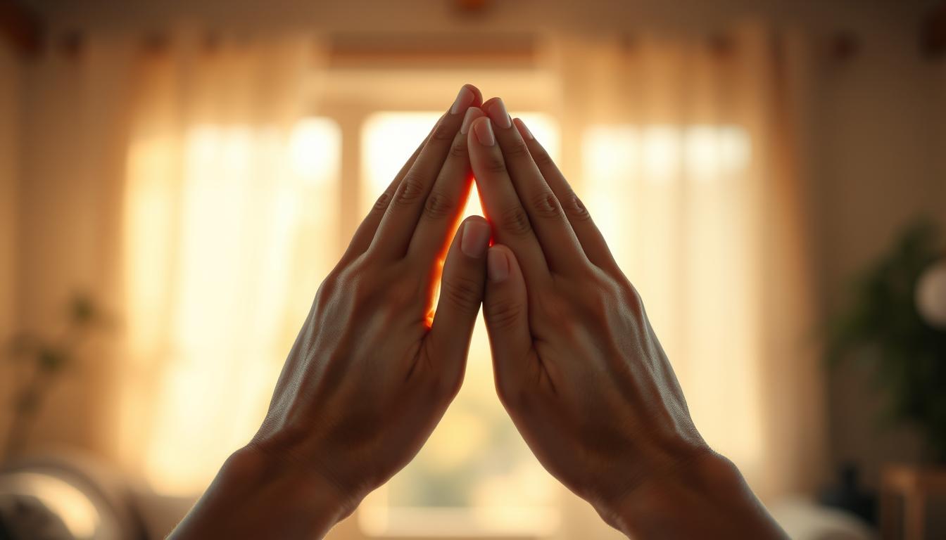 A close-up depiction of hands in a Namaste gesture, with palms pressed together and fingers pointing upwards, embodying a sense of peace and spirituality. The hands should be the main focus, with a soft, blurred background that suggests a serene environment, such as a gentle natural setting or a cozy indoor space filled with warm sunlight. The lighting should be warm, creating a soft glow around the hands to highlight their form and convey tranquility. Capture the image from a slightly elevated angle to emphasize the significance of the gesture while maintaining an intimate feeling. The overall mood should evoke calmness and respect, suitable for illustrating the practice of the Namaste greeting in a mindful context.