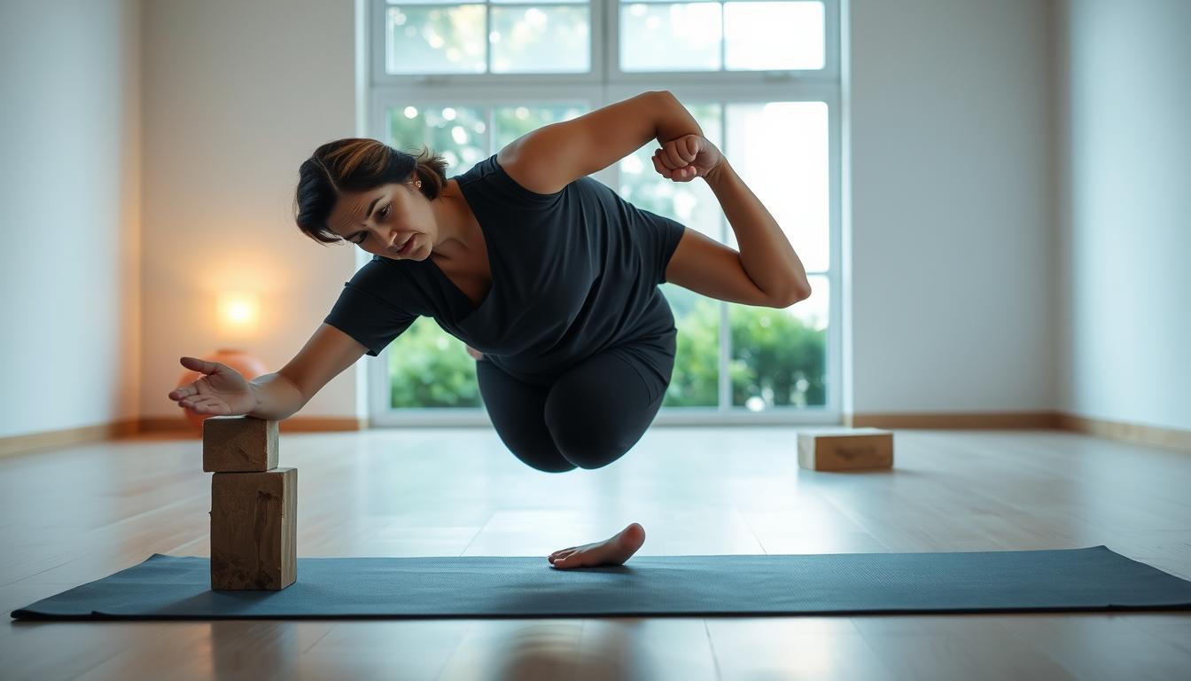A concerned yoga practitioner in a serene studio, showcasing poor posture in a challenging yoga pose that leads to physical strain. The foreground features the practitioner, a middle-aged South Asian woman in modest, professional athletic wear, grimacing as she struggles to maintain balance. The middle ground depicts a yoga mat and blocks scattered about, hinting at the struggle for proper alignment. In the background, soft ambient lighting bathes the space in a calming glow, highlighting a large window with greenery outside, enhancing the atmosphere of mindfulness. The overall mood conveys a sense of caution and awareness of the risks associated with improper yoga practices, focusing on the tension and discomfort present in the scene.