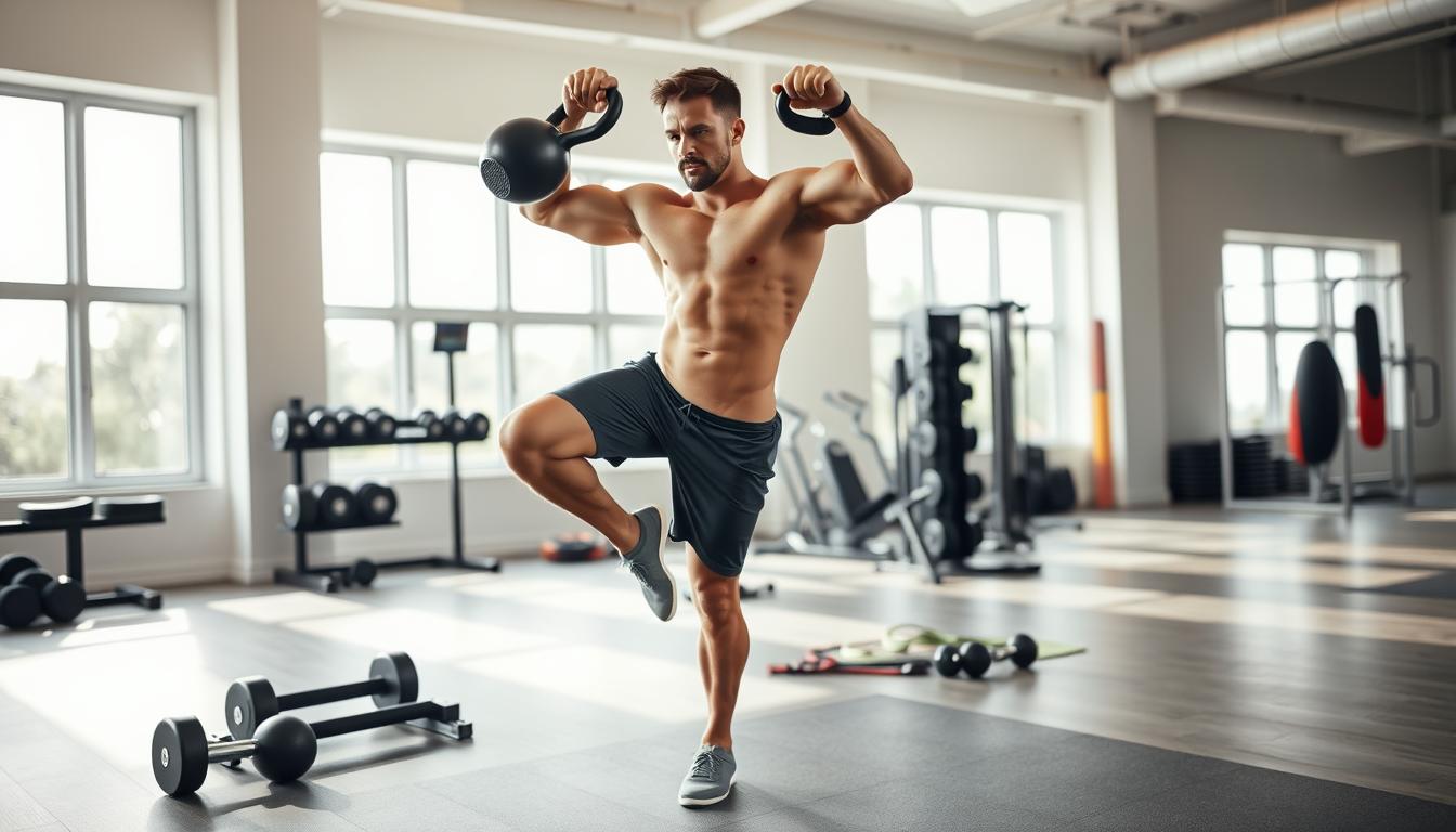 A fit individual wearing modest athletic clothing is demonstrating muscular endurance exercises in a bright, spacious gym. In the foreground, the person is balancing on one leg while performing a kettlebell lift, showcasing their strength and focus. The middle ground features various fitness equipment like weights and resistance bands, hinting at a well-equipped workout environment. In the background, large windows allow natural light to flood in, creating a warm and uplifting atmosphere. The lighting emphasizes the definition of the muscles, highlighting the effort and determination on the subject's face. The angle captures both the individual and the equipment, conveying a sense of dynamic movement and athleticism, ideal for illustrating the concept of muscular endurance in the article.