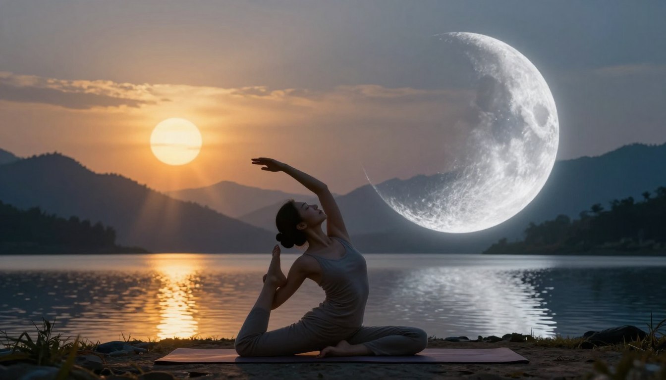 A serene scene depicting the balance between the sun and the moon, symbolizing the philosophy of Hatha Yoga. In the foreground, a peaceful yogi in modest attire performs a graceful yoga pose, demonstrating harmony and stability. The middle layer features a glowing sun on one side, casting warm golden light, and a luminous crescent moon on the opposite side, illuminating the scene with soft silver light. The background includes tranquil mountains and a calm, reflective lake, enhancing the sense of balance. The atmosphere is tranquil and meditative, with gentle rays of sunbeams blending softly with moonlight, creating a beautiful twilight ambiance. Use a slightly elevated angle to capture the full scene and add depth, emphasizing the contrast and unity between day and night.
