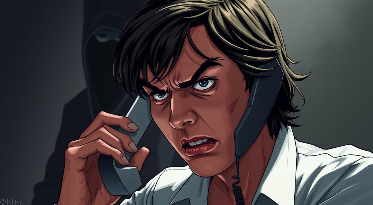 A high-resolution, detailed digital illustration of a person receiving a phone call, their face twisted in a wary, cautious expression. In the background, a shadowy figure looms, representing the scammer. The lighting is dramatic, with a dim, ominous atmosphere casting deep shadows. The scene conveys a sense of unease and the need for vigilance against phone scams impersonating officials. The composition emphasizes the contrast between the victim's defensiveness and the predatory nature of the scammer, highlighting the deceptive tactics used by these savvy criminals.