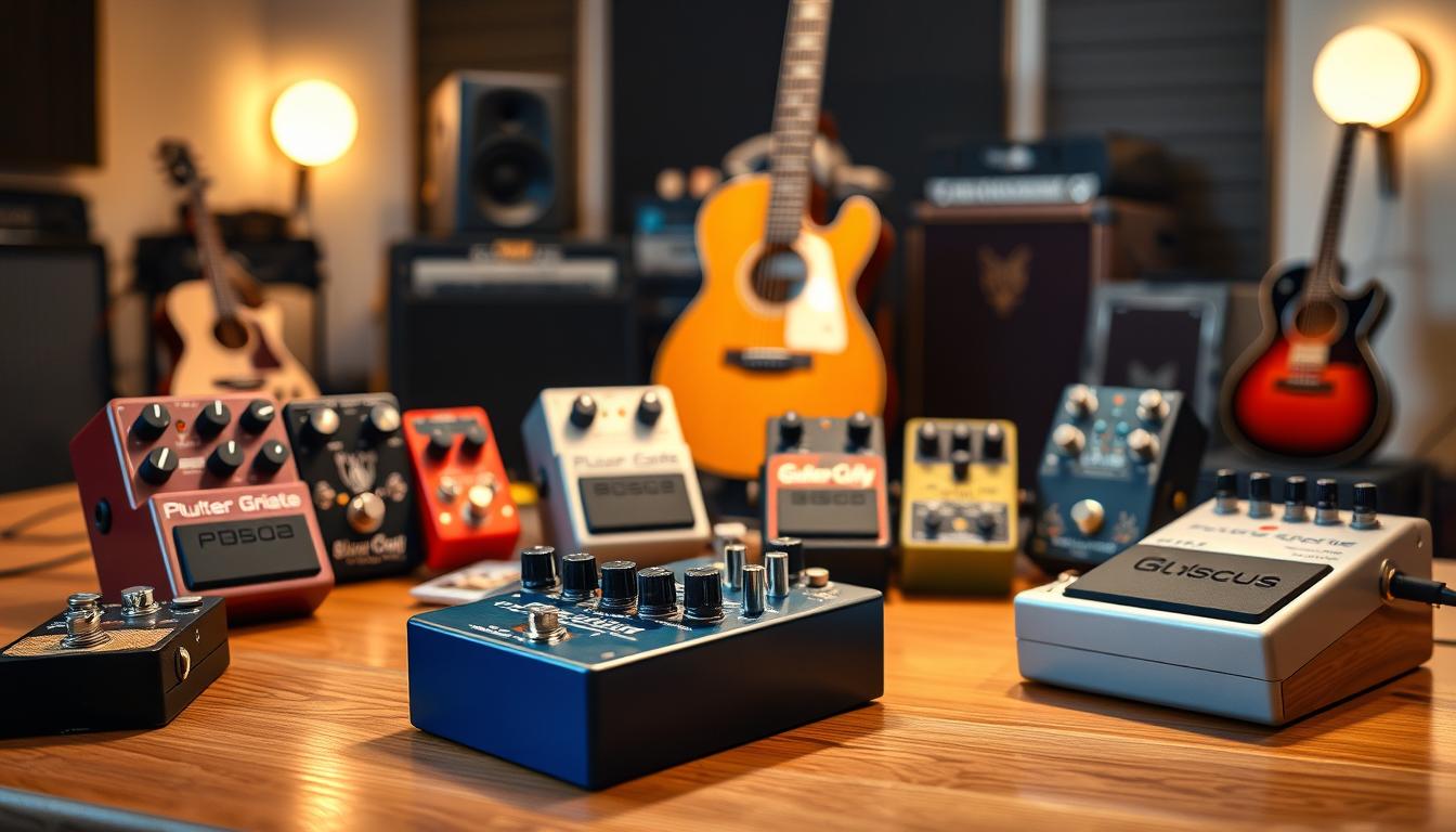 Várias pedaleiras para guitarra dispostas em um estúdio de música