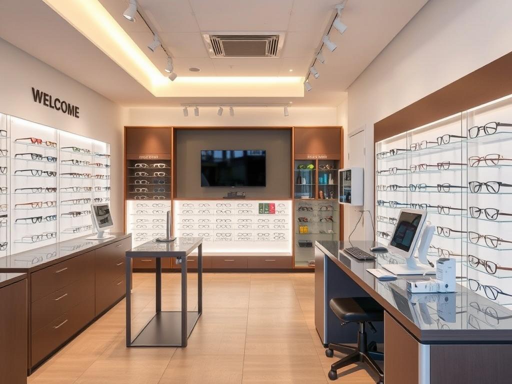 Intérieur moderne d'Optic du Cap à Toulouse avec un espace d'accueil chaleureux et des présentoirs de lunettes bien organisés