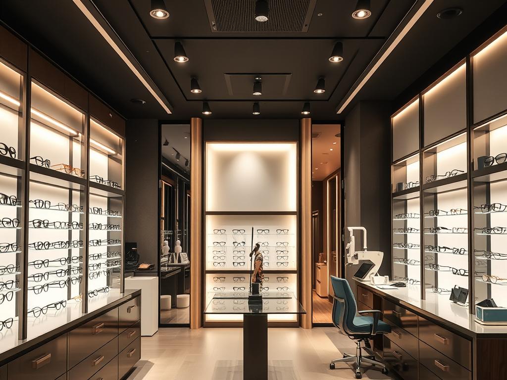 Intérieur moderne d'un magasin d'optique à Paris 15 avec présentoirs élégants de lunettes et espace d'examen de vue