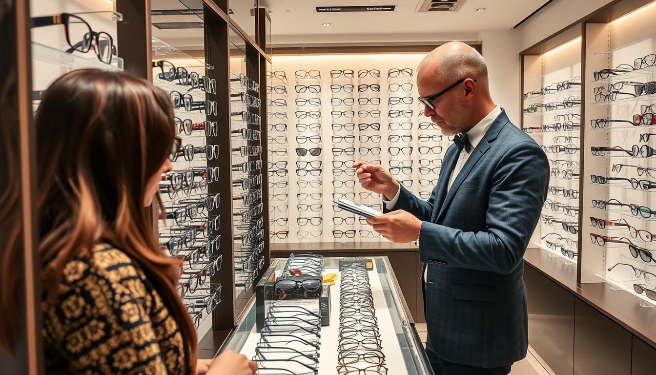Présentation de différentes montures de lunettes chez un meilleur opticien Paris 15 avec conseiller et client