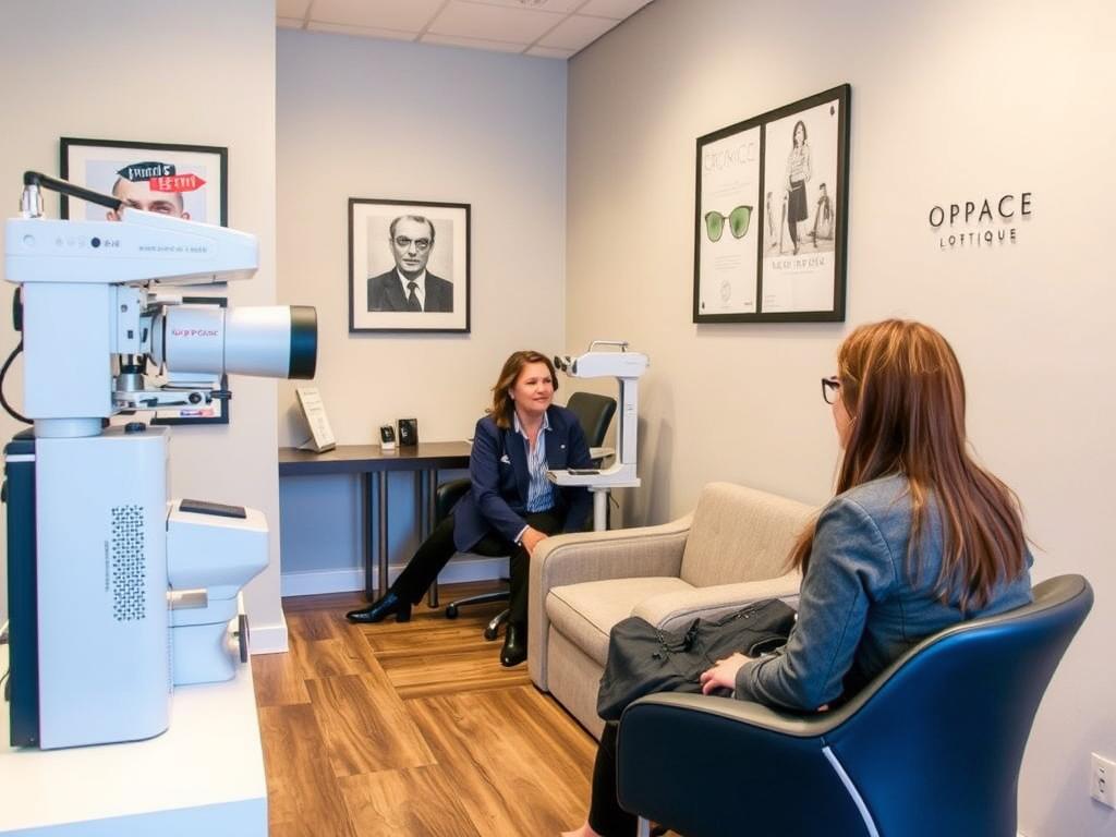 Espace conseil personnalisé chez Espace Optique Le Mans avec opticien et client