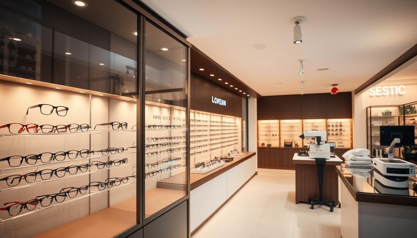 Boutique d'un opticien au Mans avec vitrine moderne présentant des lunettes de vue et solaires
