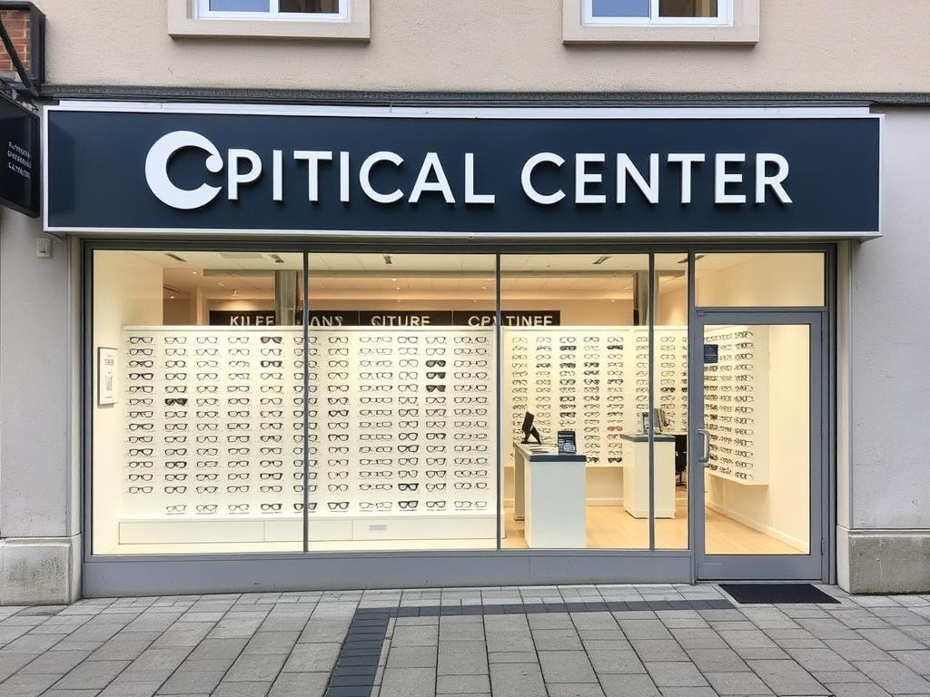 Façade de l'Optical Center Le Mans avec large vitrine exposant des montures de lunettes