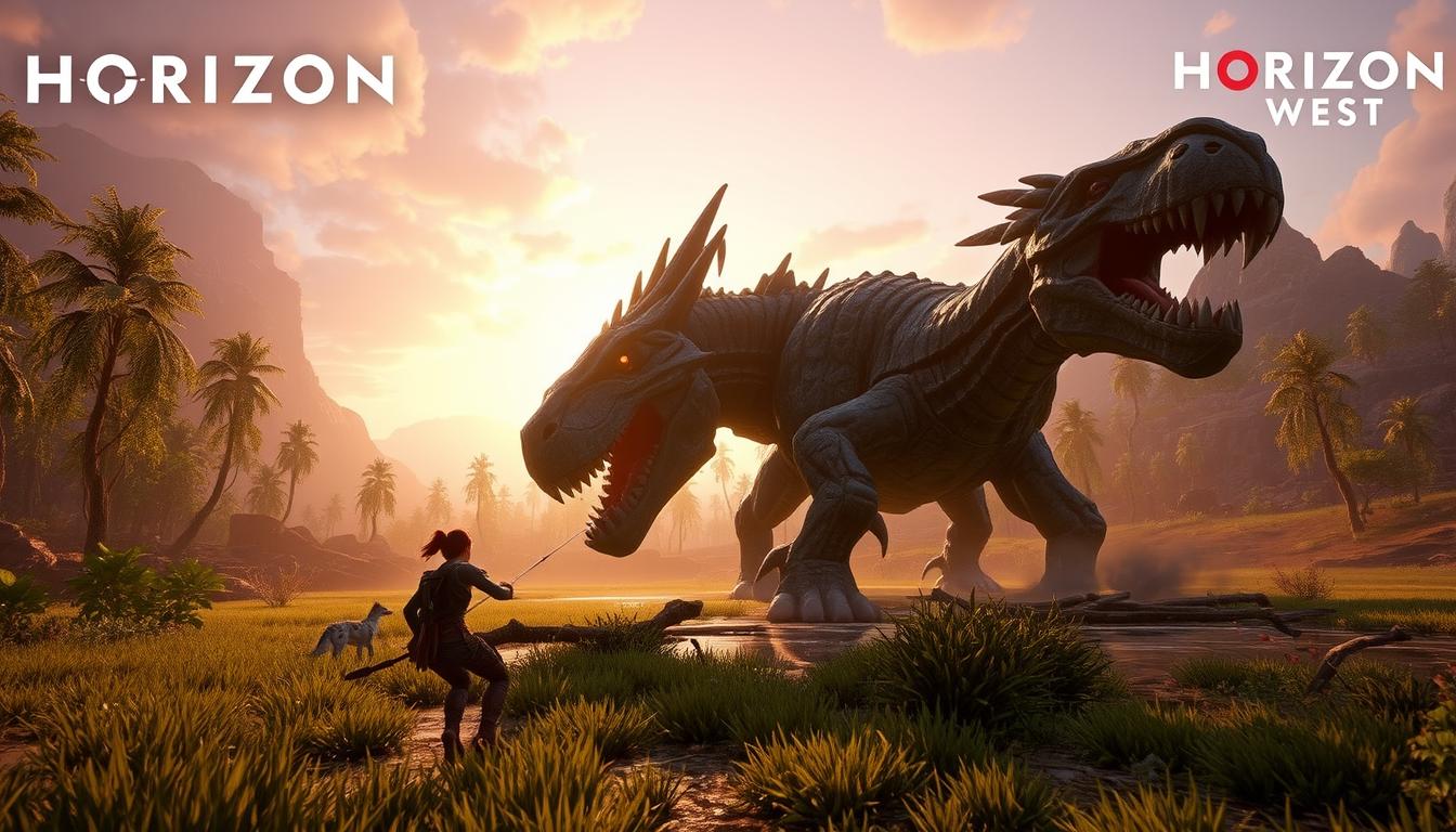 Aloy enfrentando uma máquina gigante em Horizon Forbidden West, destacando os visuais impressionantes dos Jogos de PlayStation 5