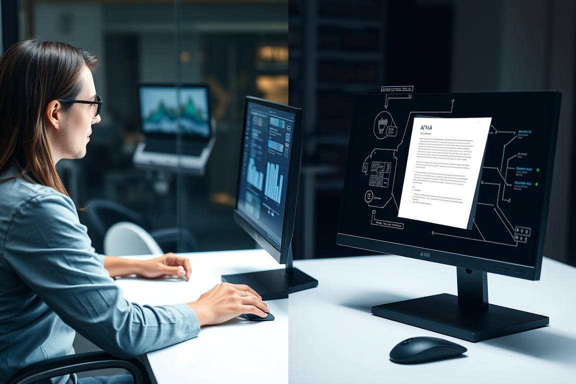 Split screen showing a person working with AI tools on one side and the enhanced output on the other