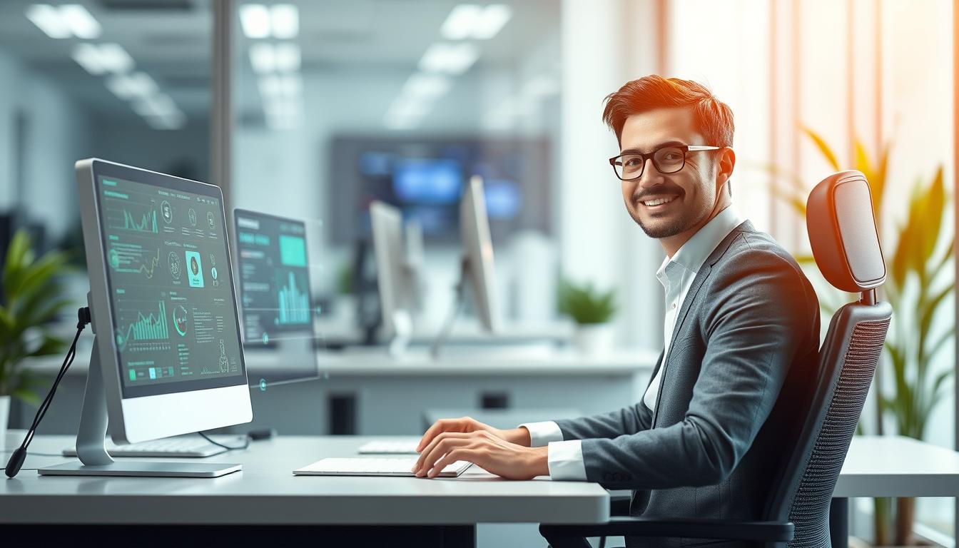 Person confidently working alongside AI visualization, representing successful human-AI collaboration
